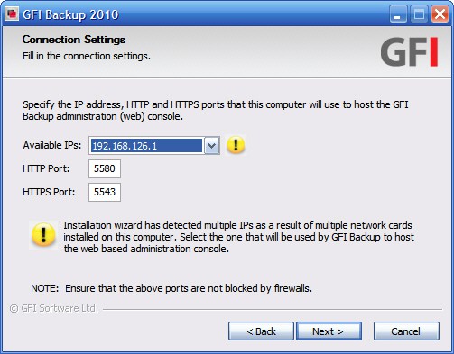 GFI Backup connection settings