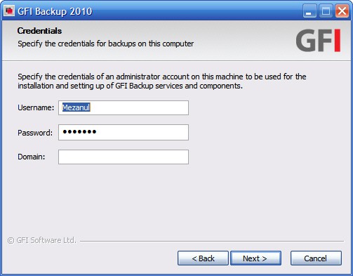 GFI Backup credential settings