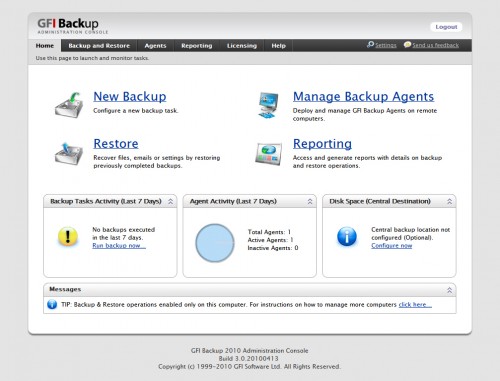 GFI Backup Administrator (web) console